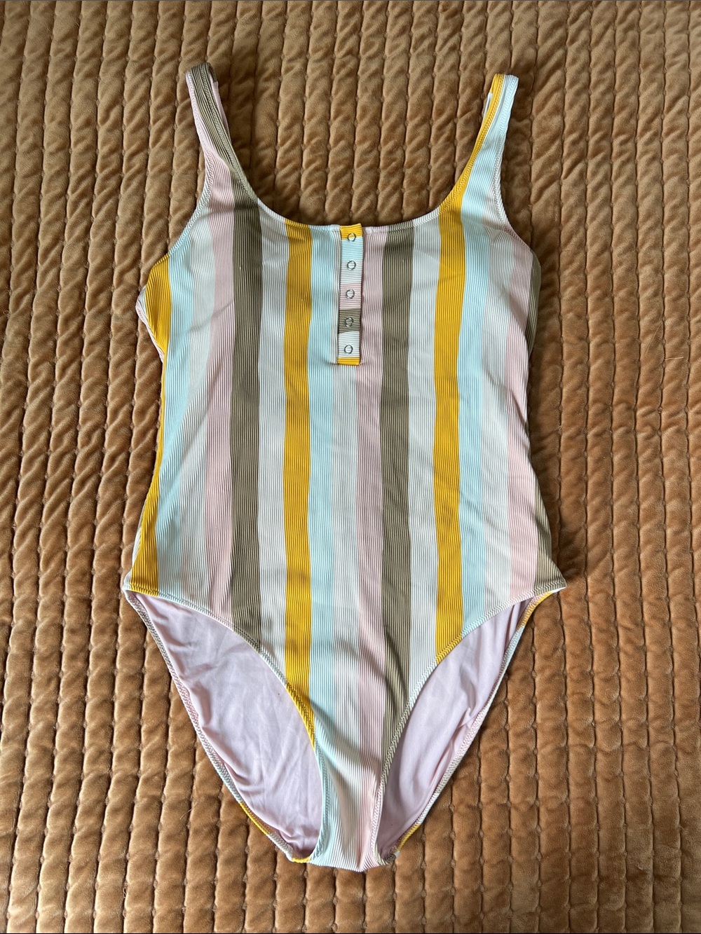 aerie Striped Scoop One-Piece Swimsuit stripes are Orange, Pink, White, and Tan